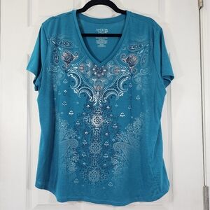 Time And Tru Teal Floral Short Sleeve Graphic Print Shirt Size XXL